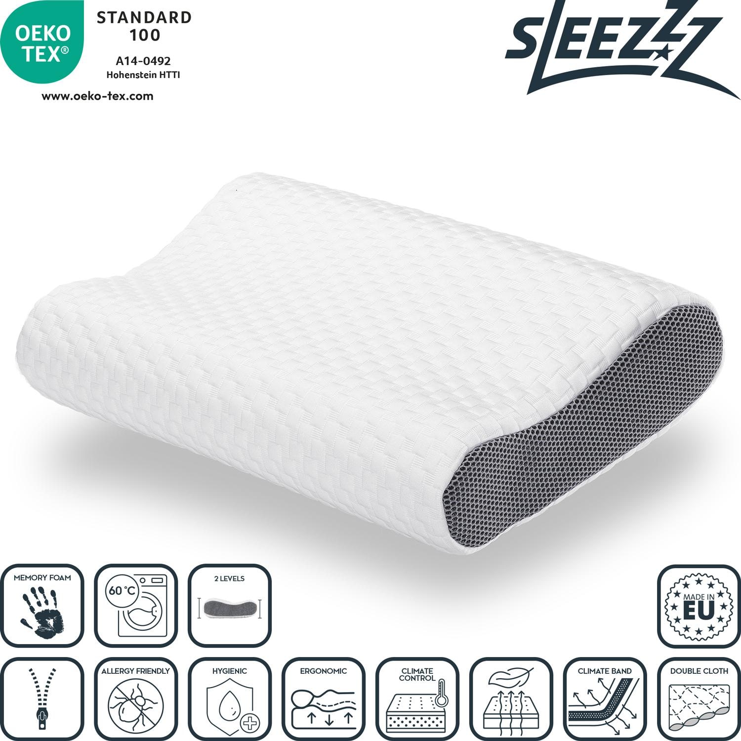 2 x Sleezzz Premium Viscoelastic Neck Support Pillows, 50 x 32 x 11 cm, with a skin-friendly double-layer cover
