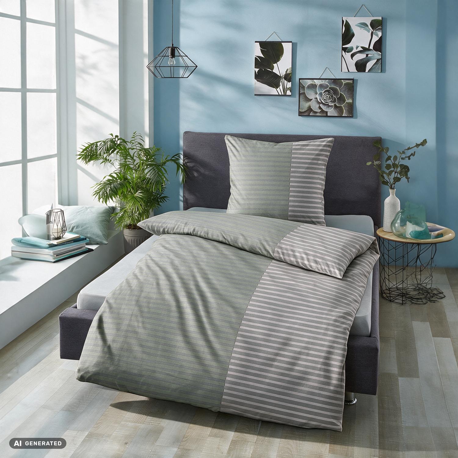 CloudComfort Renforcé Bettwäsche grau/grün gestreift 135 x 200 + 80 x 80 cm