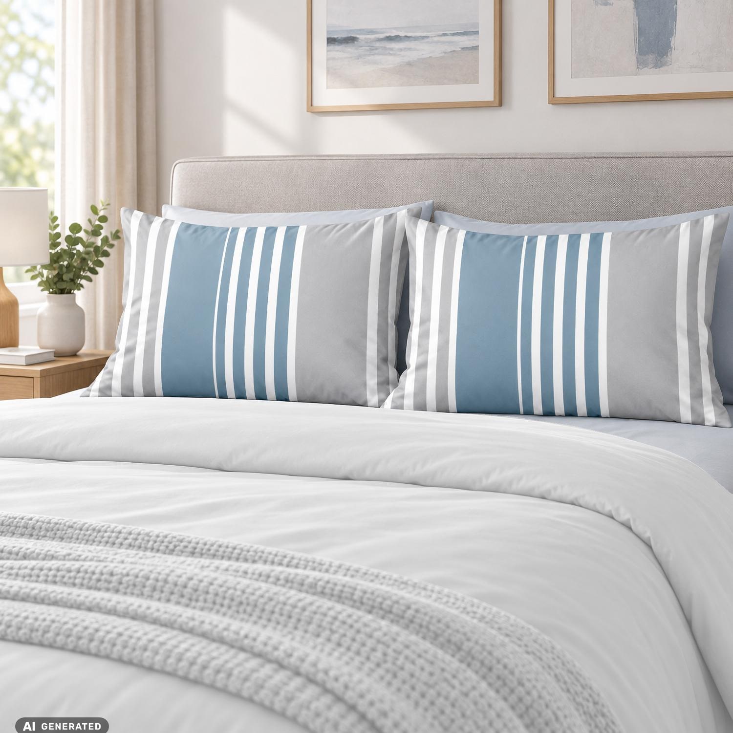 CloudComfort Basic Baumwoll Kissenbezug blau/grau gestreift 2er-Set 70 x 90 cm