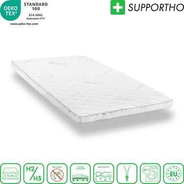 Supportho premium cold foam topper 140 x 200 cm H3, height 9 cm, hardness grade H3 with antibacterial cover