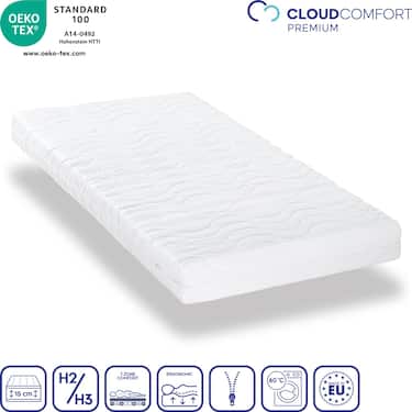 Kaltschaummatratze CloudComfort Premium 90 x 200 cm, Höhe 15 cm, Härtegrad H2/H3 + CloudComfort Viskoelastik Komfort-Schlaf-Kissen 40 x 80 cm