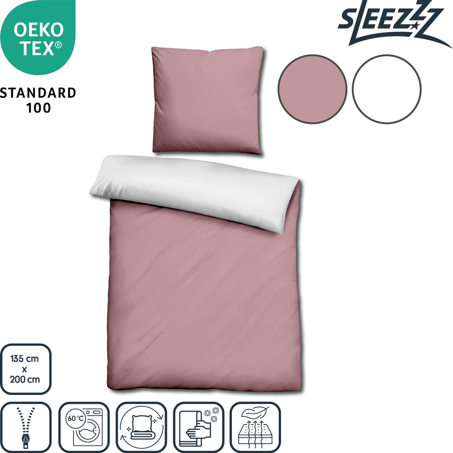 Features as icons – Double pack Sleezzz® Renforcé reversible bed linen rosé/white 135 x 200 + 80 x 80 cm