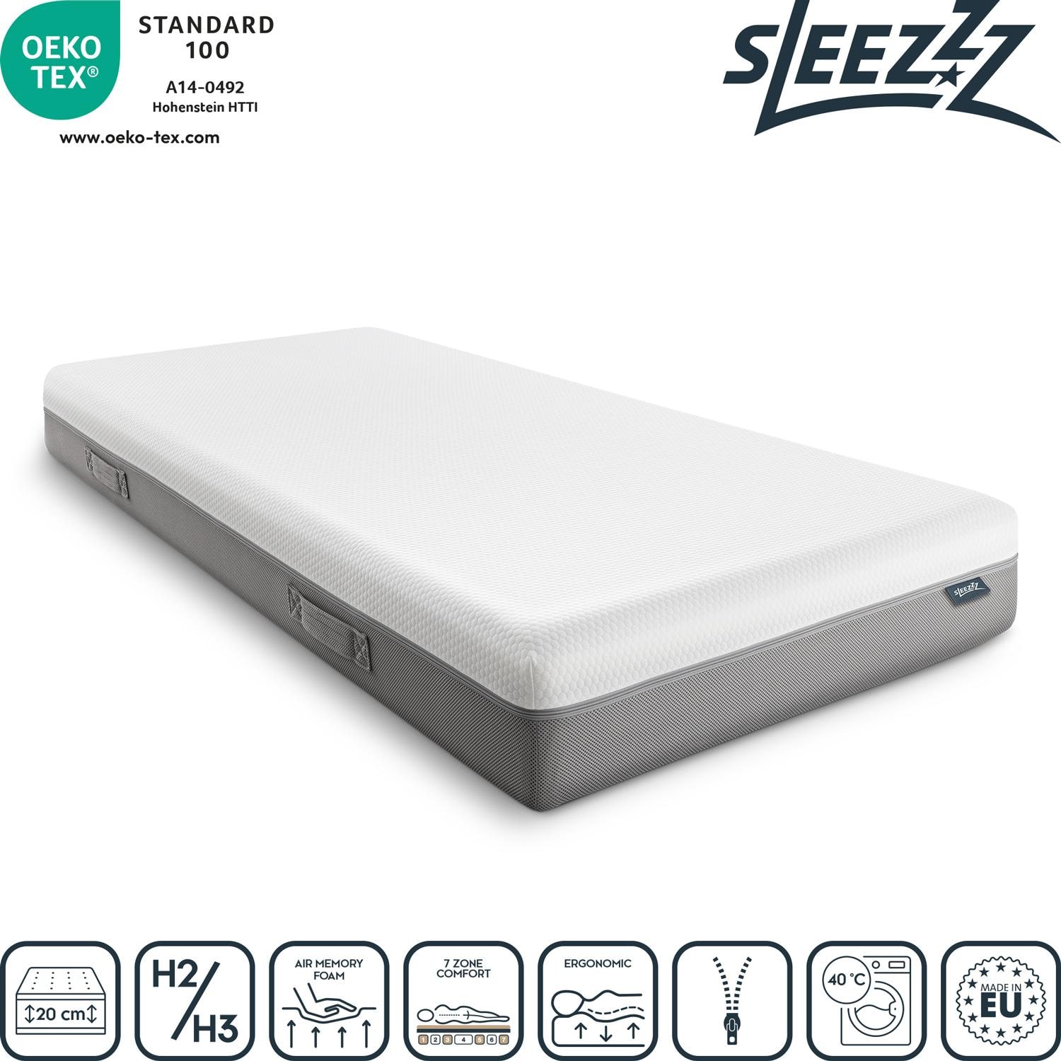 Sleezzz Premium Viscoelastic Mattress, 90 x 200 cm, height 20 cm, firmness level H2/H3, with turning handles + free Sleezzz® Smart Cozy Blanket, 150 x 200 cm