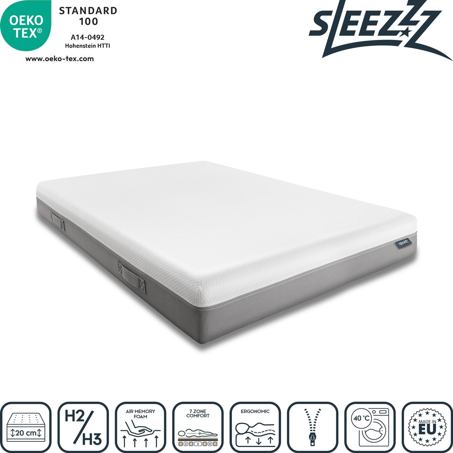 Στρώμα ιξωδοελαστικού τύπου Sleezzz Premium 120 x 200 εκ., ύψος 20 εκ., βαθμός σκληρότητας H2/H3, με λαβές αναστροφής + μαξιλάρι στήριξης αυχένα Sleezzz® Cool Gel-Schaum Kontur 40 x 60 x 16 εκ.