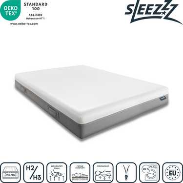 Matelas viscoélastique Sleezzz Premium 120 x 200 cm, hauteur 20 cm, degré de fermeté H2/H3, avec poignées réversibles + oreiller à effet rafraîchissant Sleezzz® Cool gratuit