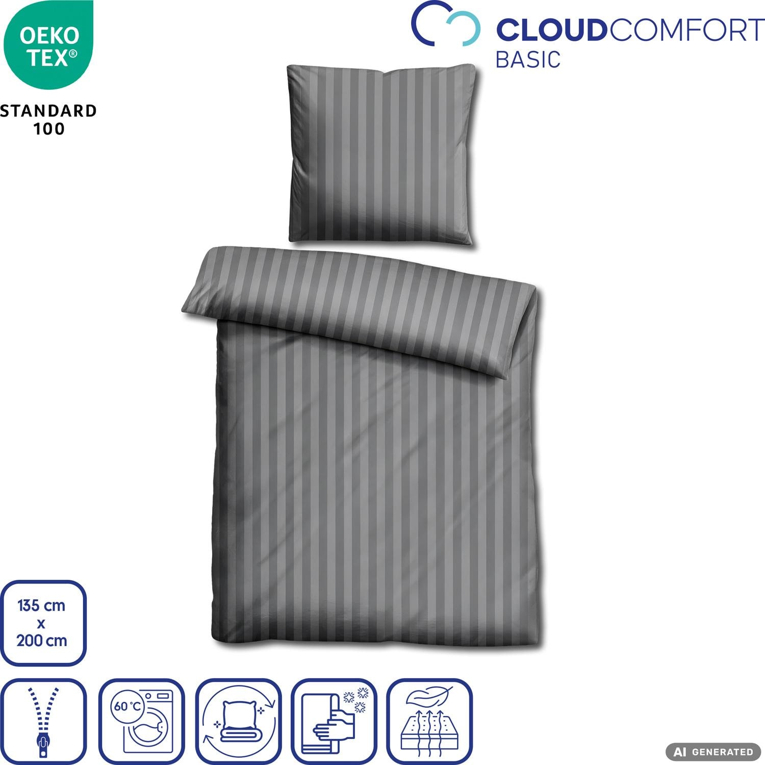 Cloud Comfort Mako Satin Bedding, Anthracite, 135 x 200 cm + 80 x 80 cm