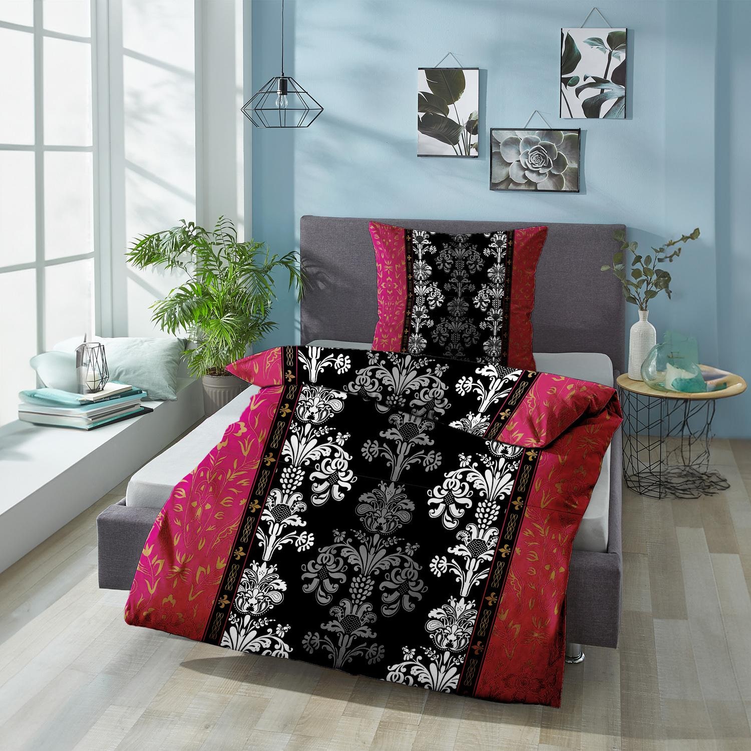 Double pack of CloudComfort Basic microfiber bed linen black/pink 135 x 200 + 80 x 80 cm