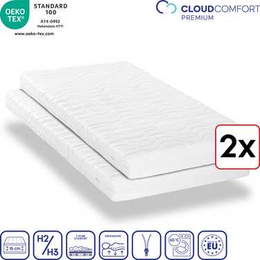 Materasso premium a 7 zone 100x200 cm CloudComfort in confezione doppia, altezza 15 cm, livello di rigidità H2/H3, twin set