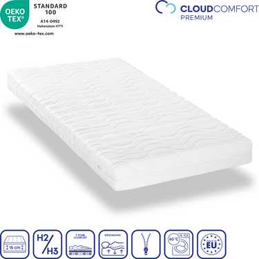 Colchão Premium de 7 zonas 90x200 cm CloudComfort, altura 15 cm, nível de firmeza H2/H3