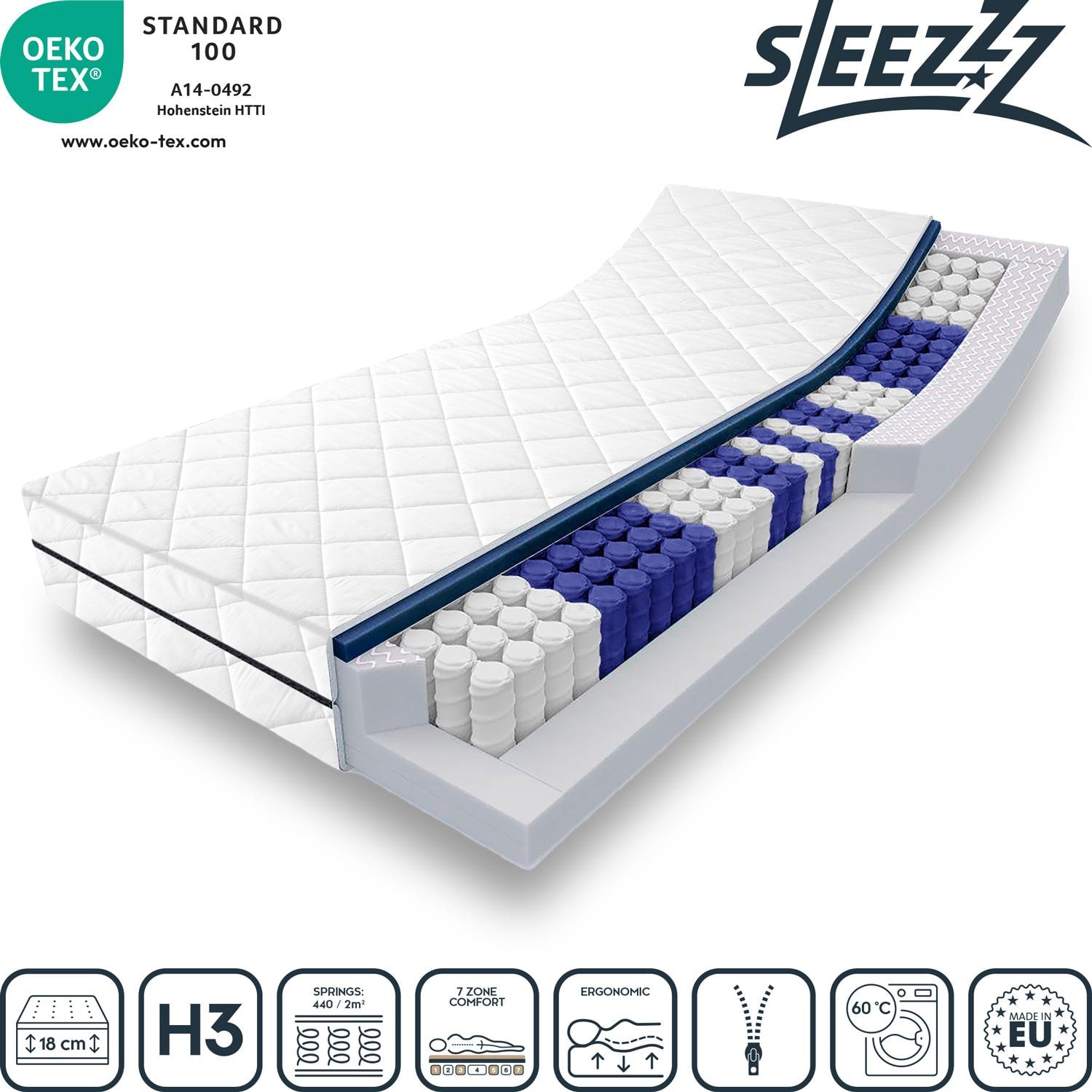Features as icons – Sleezzz® Superior T18 pocket spring mattress 90 x 200 cm H3 + microfiber bed set 135 x 200 cm + 80 x 80 cm