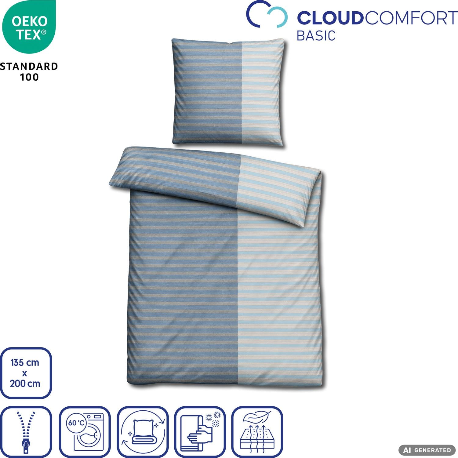 CloudComfort Renforcé Bettwäsche grau/blau gestreift 135 x 200 + 80 x 80 cm