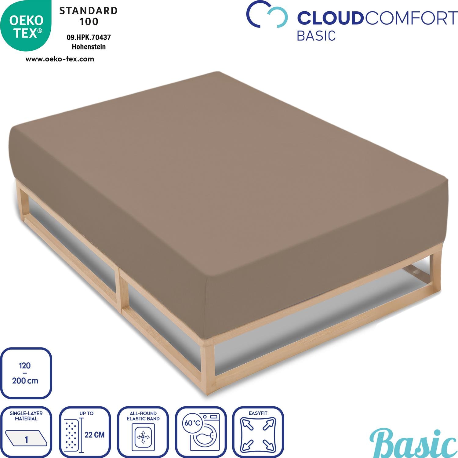 CloudComfort Basic Jersey-Stretch Fitted Sheet, Taupe, 120 x 200 cm