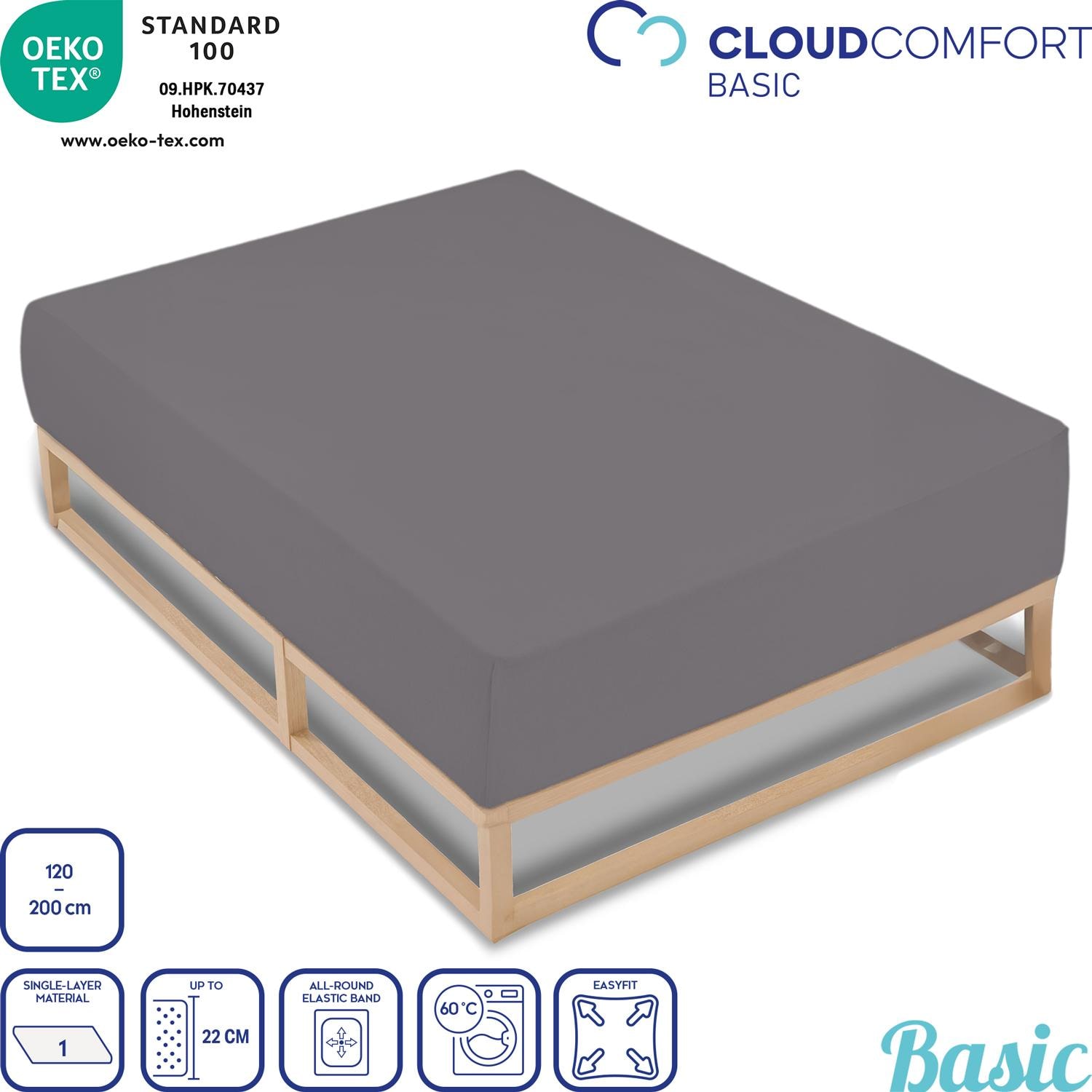 Set of 4 CloudComfort Basic fitted sheets jersey stretch dark gray 120 x 200 cm (4 pieces)