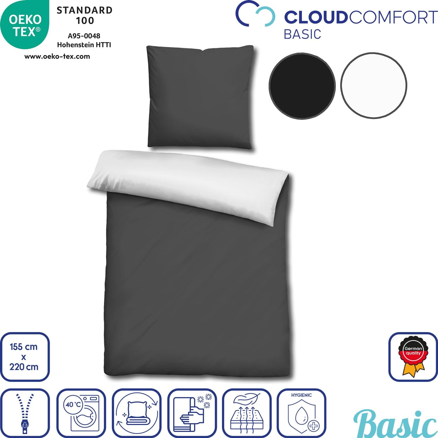 Confezione doppia di biancheria da letto reversibile CloudComfort Basic nero/bianco 155 x 220 + 80 x 80 cm
