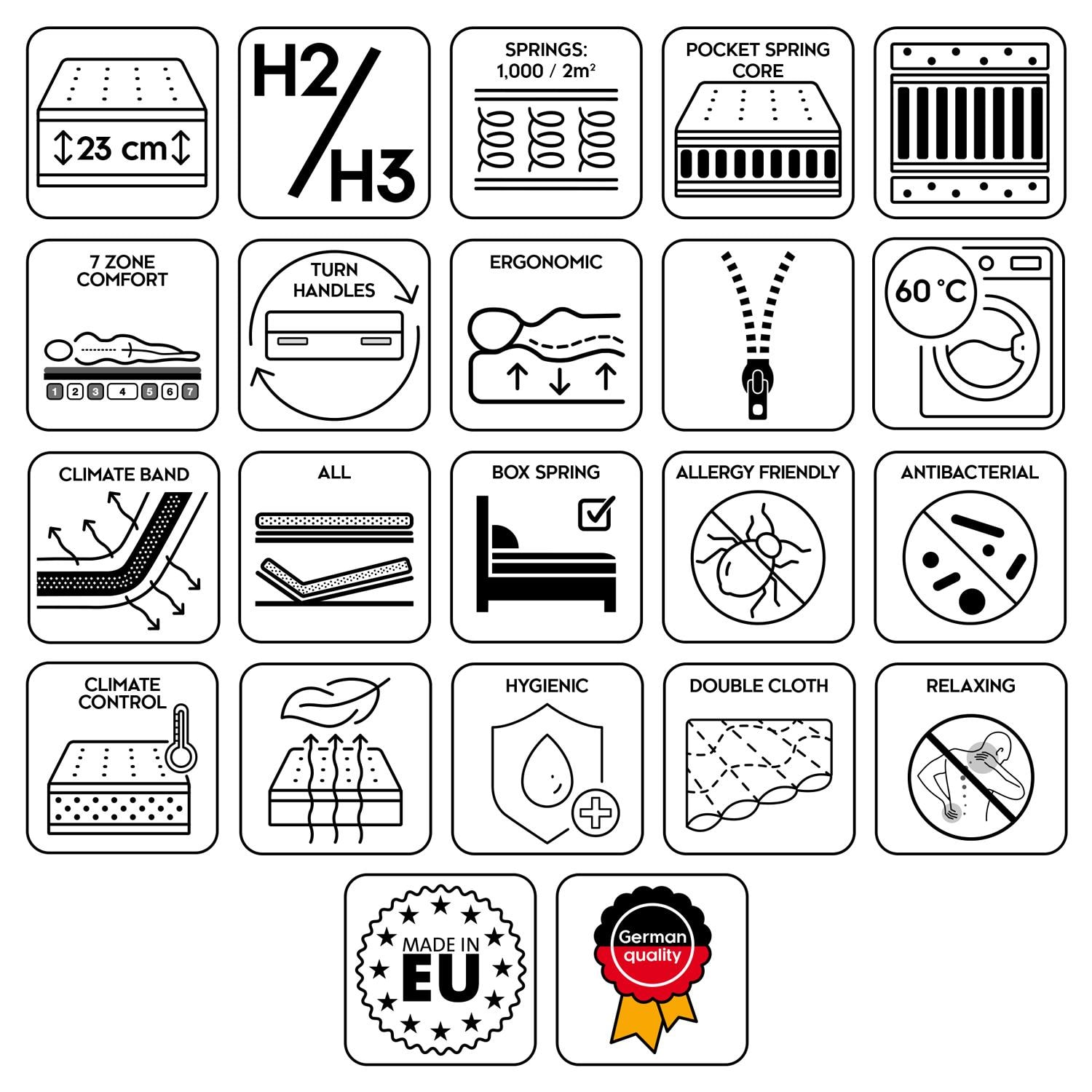 Eigenschaften als Symbole – Taschenfederkernmatratze Sleezzz® Diamond T1000 180 x 200 cm H2/H3 + 2 x Mikrofaser Bettset 135 x 200 cm + 80 x 80 cm