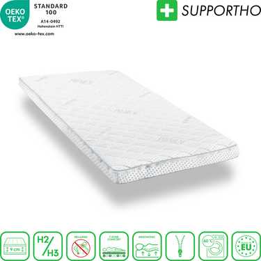 Supportho topper premium de espuma fría 80 x 200 cm H3, altura 9 cm, grado de dureza H3 con funda antibacteriana + almohada de gel CloudComfort Basic 40 x 80 cm