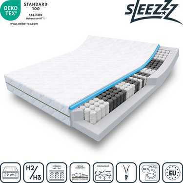 Materasso a 7 zone con nucleo a molle insacchettate Sleezzz Smart 160 x 200 cm, altezza 21 cm, livello di rigidità H2/H3