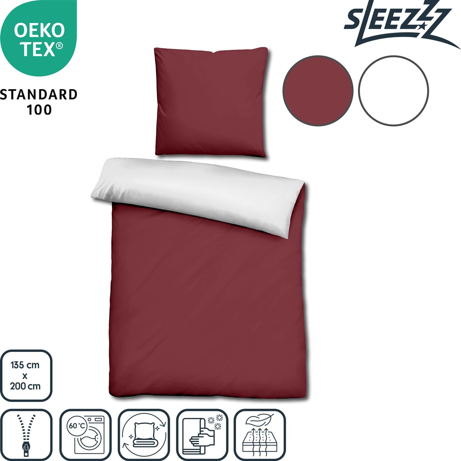 Features as icons – Double pack Sleezzz® Renforcé reversible bed linen dark red/white 135 x 200 + 80 x 80 cm