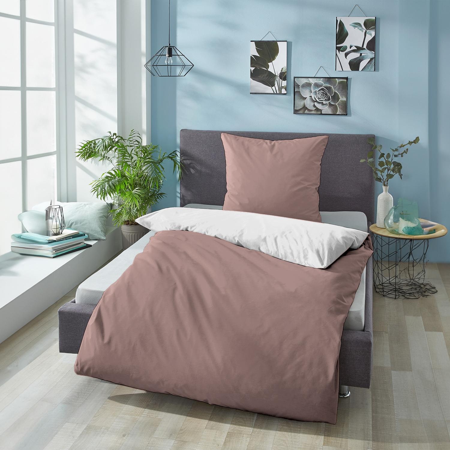 Double pack Sleezzz® Renforcé reversible bed linen light brown/white 135 x 200 + 80 x 80 cm