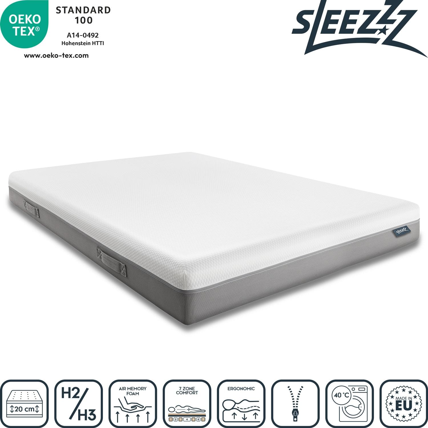 Sleezzz Premium ιξωδοελαστικό στρώμα 180 x 200 cm, ύψος 20 cm, επίπεδο σκληρότητας H2/H3, με αναστρέψιμες λαβές + 2 x Sleezzz® Smart μαξιλάρια ρυθμιζόμενου ύψους