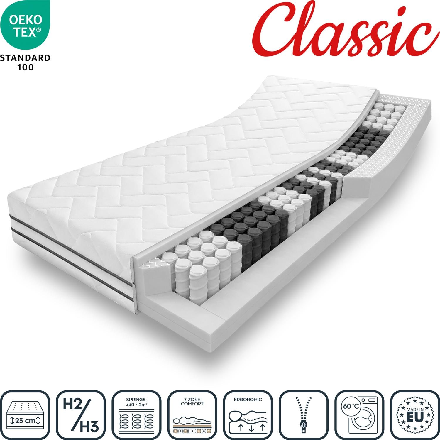 70 x 200 cm Classic Pocket Spring Mattress, Height 23 cm, Firmness Level H2/H3