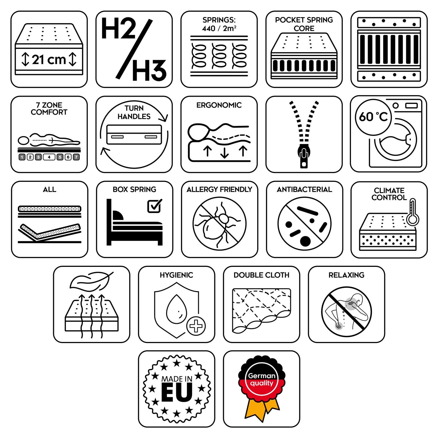 Eigenschaften als Symbole – Taschenfederkernmatratze Sleezzz® Smart T21 160 x 200 cm H2/H3
