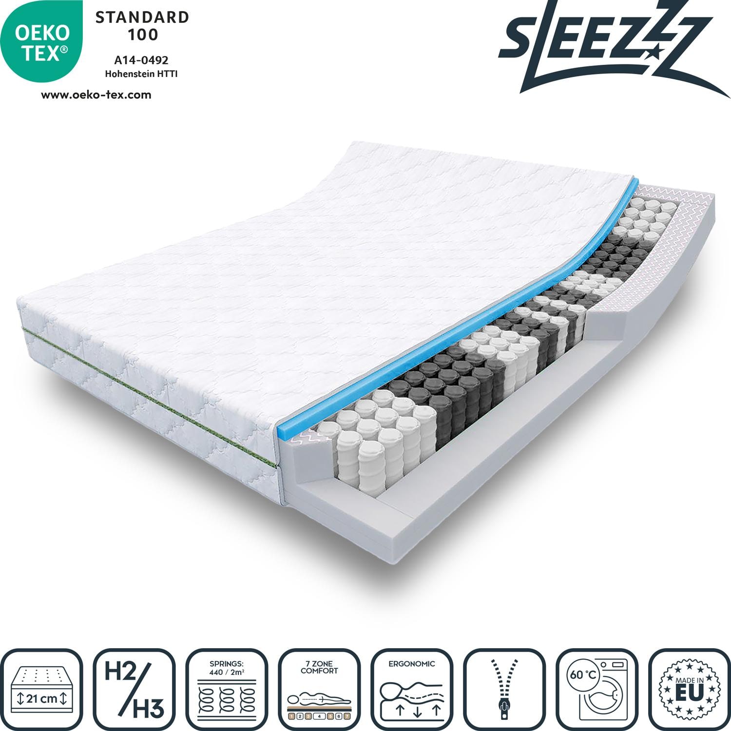 Στρώμα Sleezzz Smart με πυρήνα ελατηρίων 7 ζωνών 140 x 190 cm, ύψος 21 cm, επίπεδο σκληρότητας H2/H3