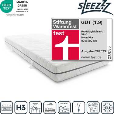 7-zone viscoelastic mattress Sleezzz Smart 90 x 200 cm, height 18 cm, firmness level H3 with air memory foam + Sleezzz® Smart cuddly blanket anthracite 140 x 200 cm