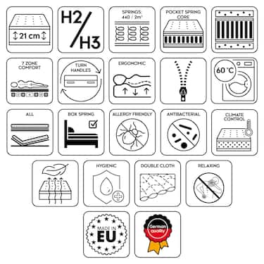 7 zonų kišeninių spyruoklių branduolio čiužinys "Sleezzz Smart" 90 x 200 cm, aukštis 21 cm, kietumo lygis H2/H3