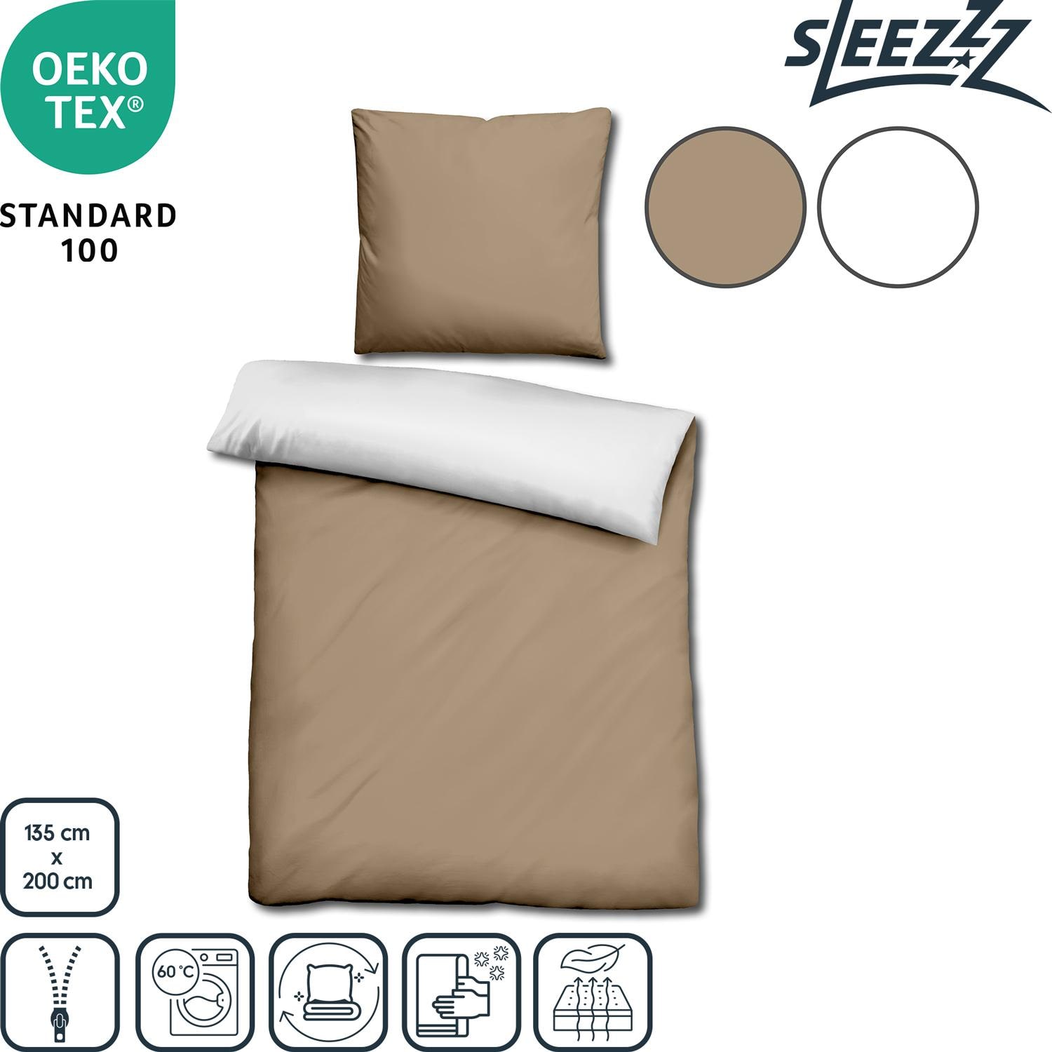 Features as icons – Double pack Sleezzz® Renforcé reversible bed linen mocha/white 135 x 200 + 80 x 80 cm