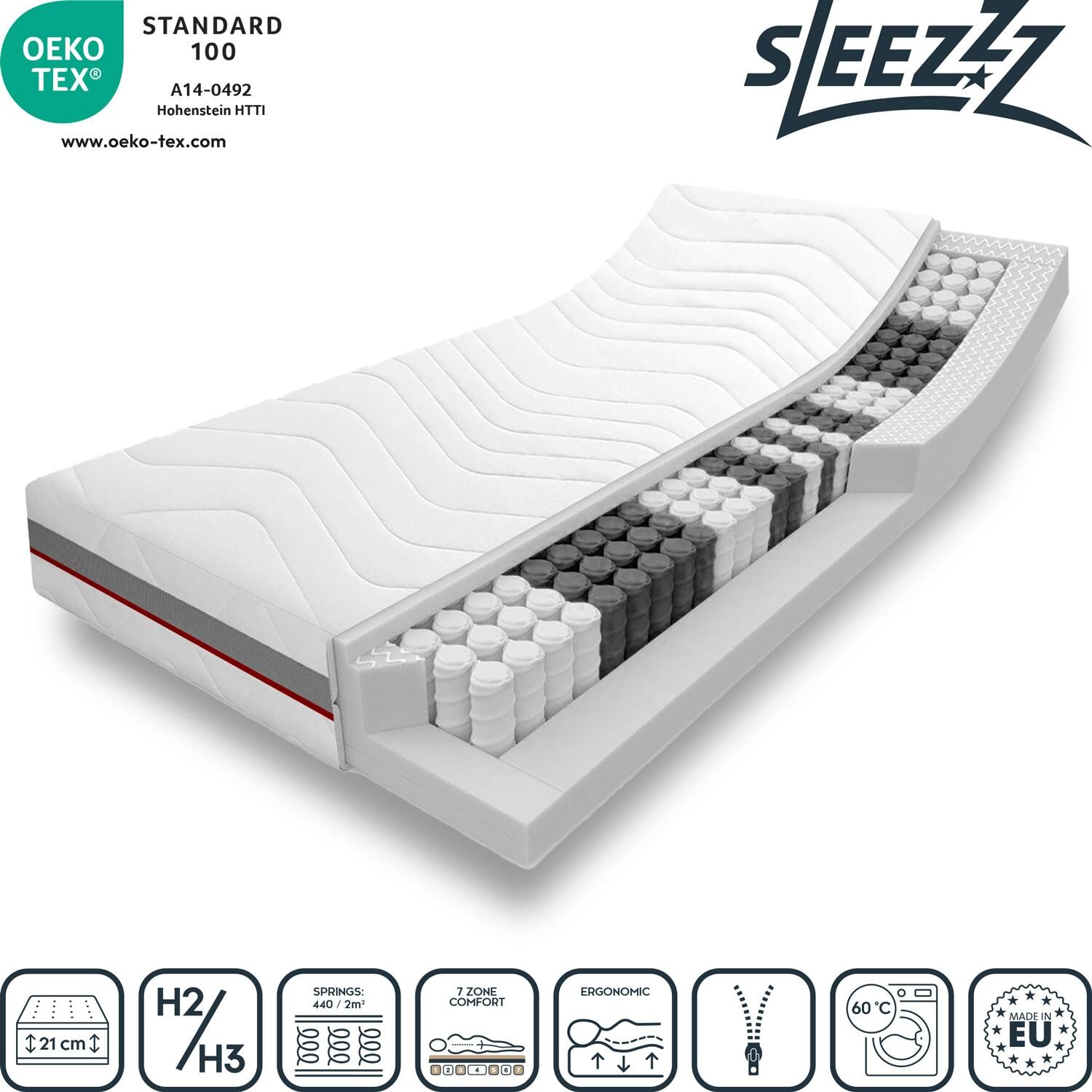Eigenschaften als Symbole – B-Ware Taschenfederkernmatratze Sleezzz® Premium T23 90 x 200 cm H2/H3