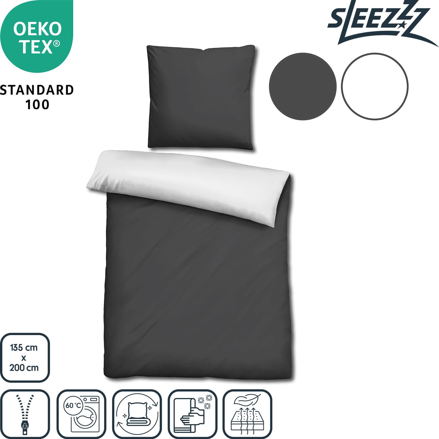 Features as icons – Sleezzz® Renforcé reversible bed linen dark gray/white 135 x 200 + 80 x 80 cm