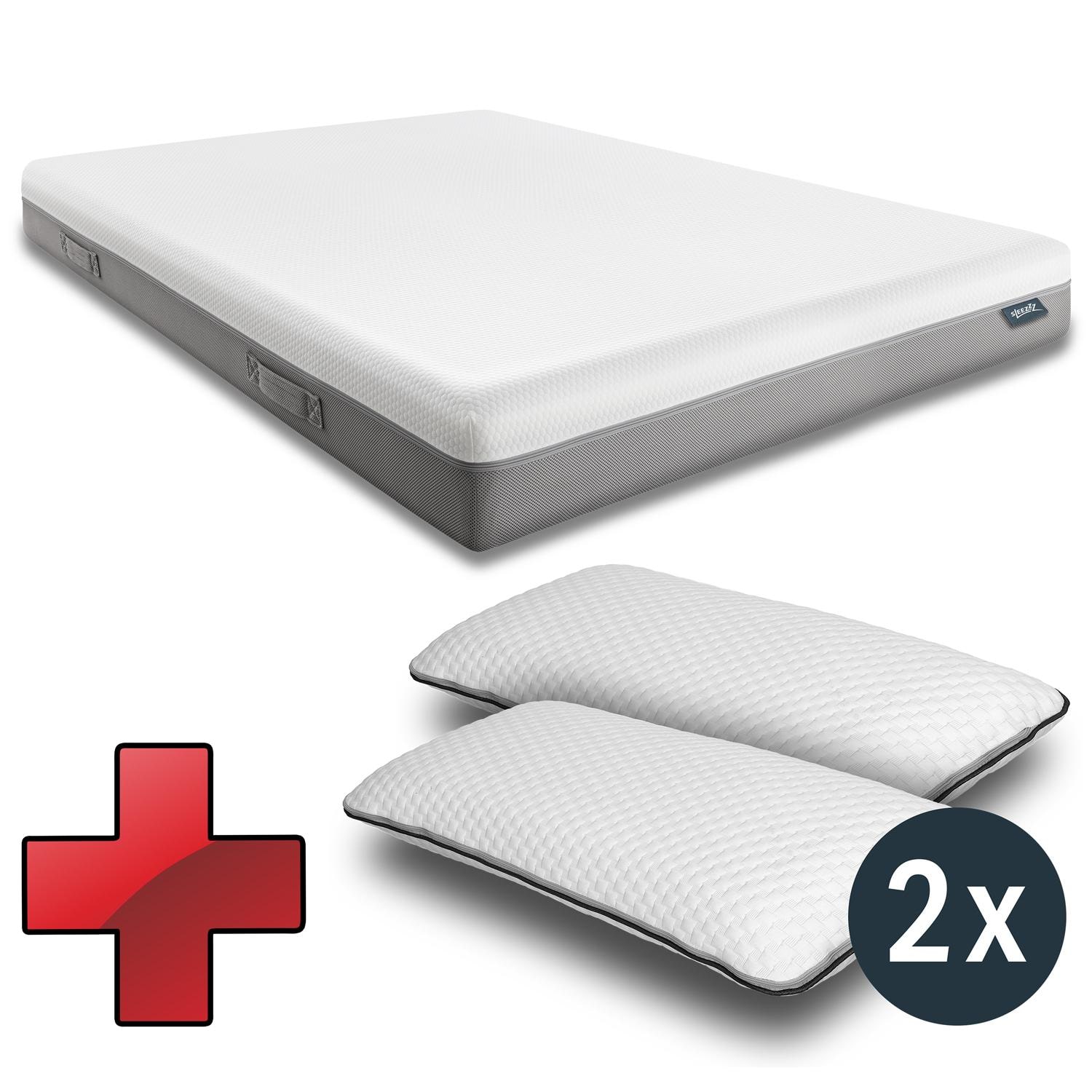 Sleezzz Premium ιξωδοελαστικό στρώμα 180 x 200 cm, ύψος 20 cm, επίπεδο σκληρότητας H2/H3, με αναστρέψιμες λαβές + 2 x Sleezzz® Smart μαξιλάρια ρυθμιζόμενου ύψους