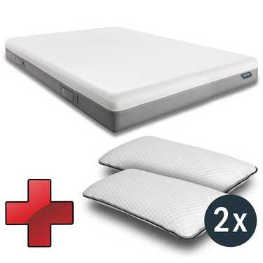 Matelas viscoélastique Sleezzz Premium 180 x 200 cm, hauteur 20 cm, degré de fermeté H2/H3, avec poignées réversibles + 2 oreillers Sleezzz® Smart réglables en hauteur