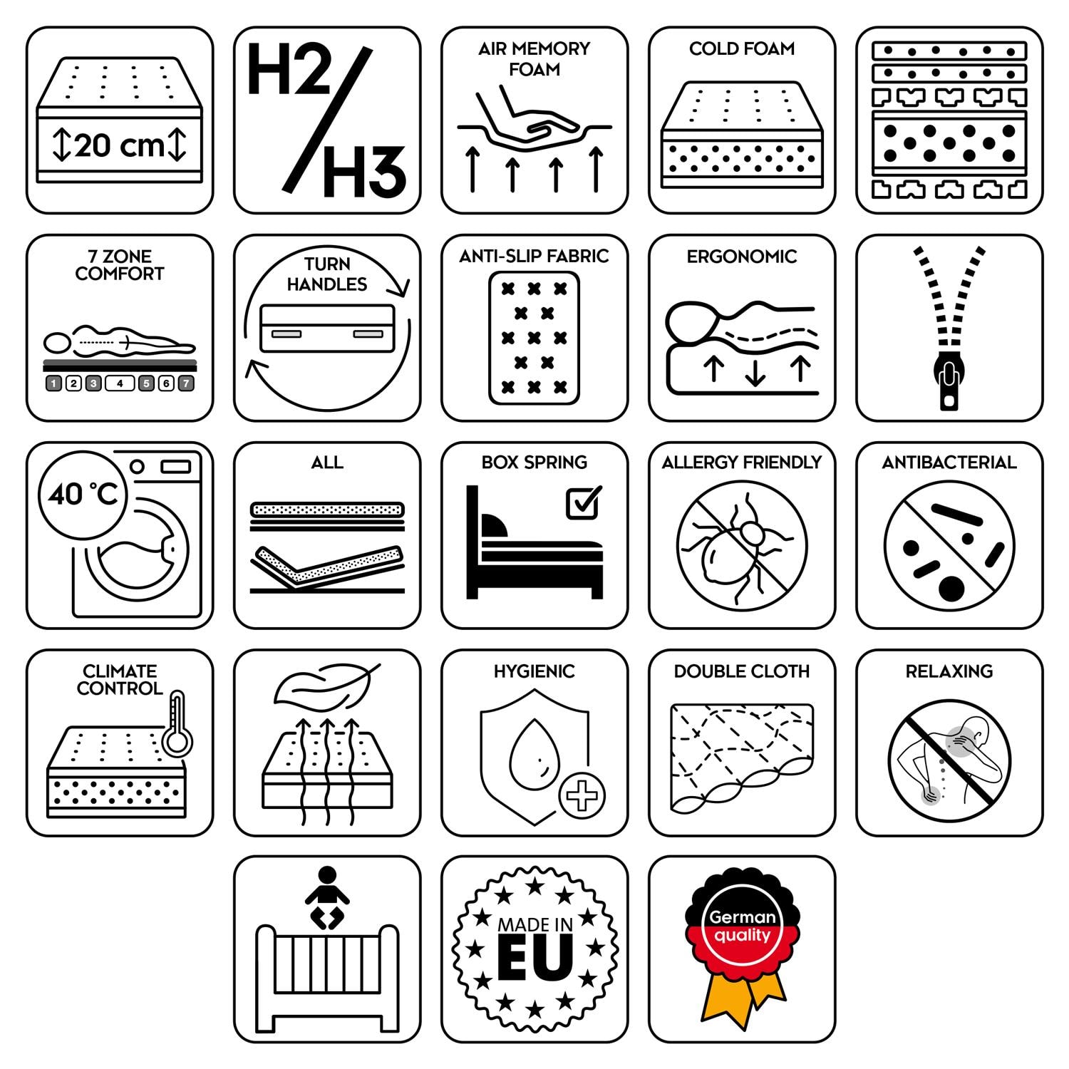 Eigenschaften als Symbole – Sleezzz® Premium Matratze 100x200 cm