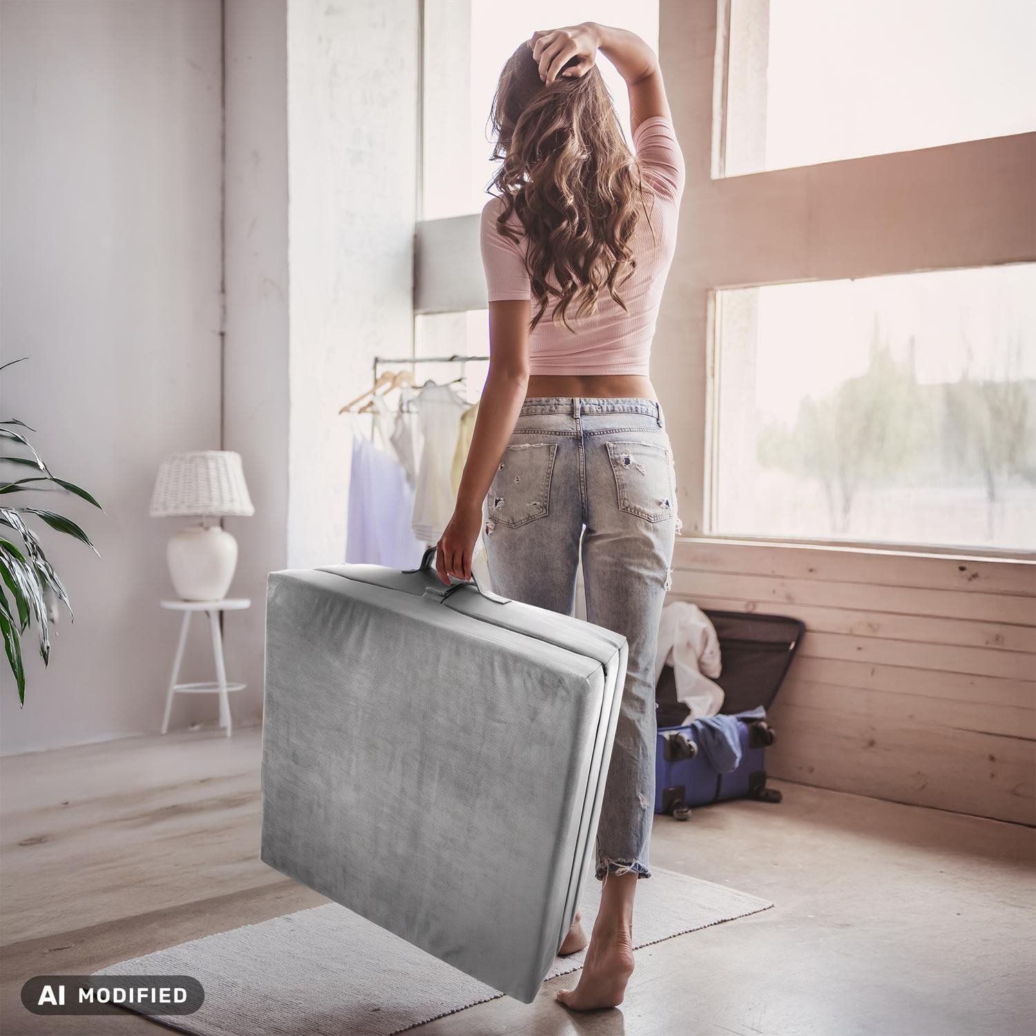 CloudComfort Premium Klappmatratze 70 x 195 cm silber, 10 cm hoch mit Möbelstoff bezogen