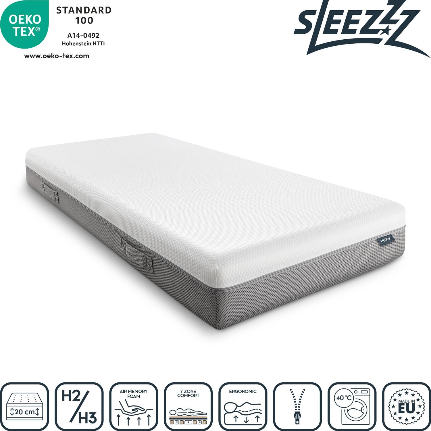 Viskoelastik-Matratze Sleezzz Premium 80 x 200 cm, Höhe 20 cm, Härtegrad H2/H3, mit Wendegriffen