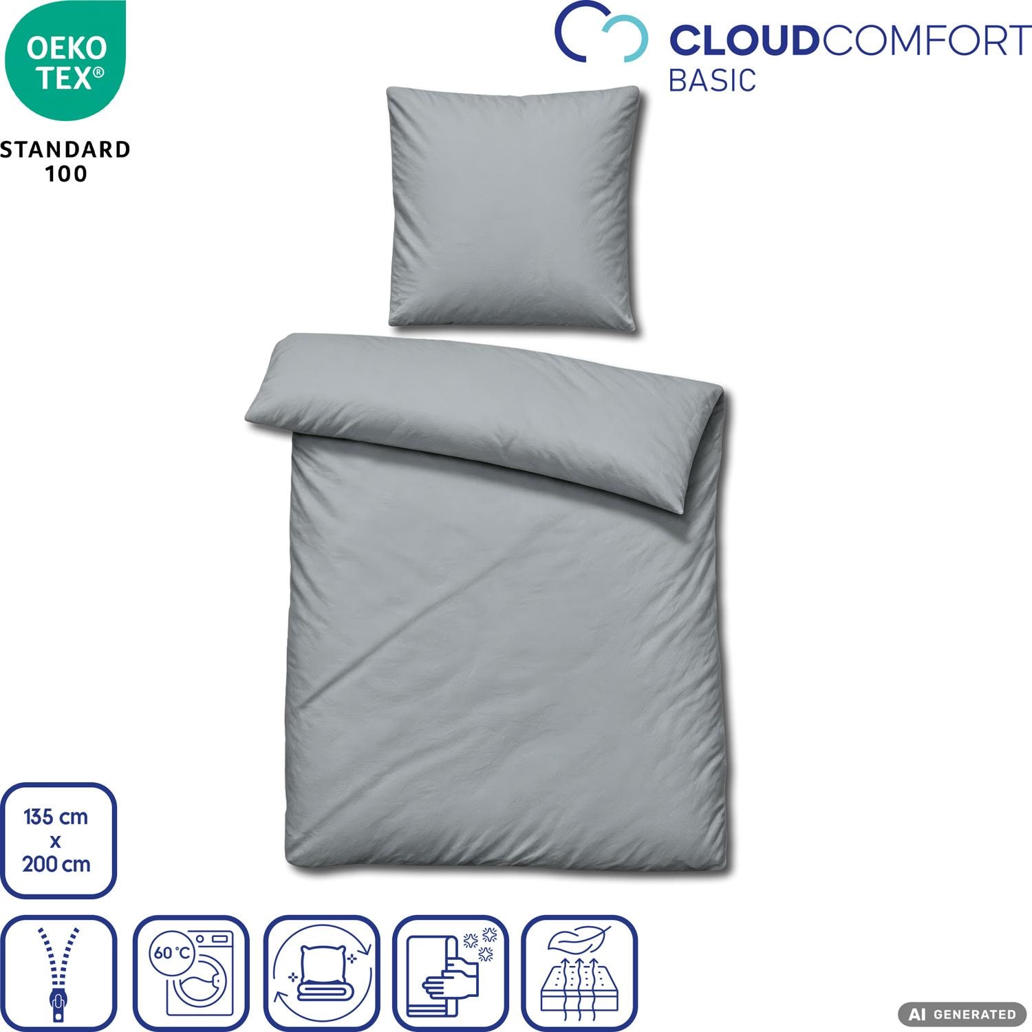 Cloud Comfort Mako-satin sengetøj 135 x 200 cm + 80 x 80 cm, gråt