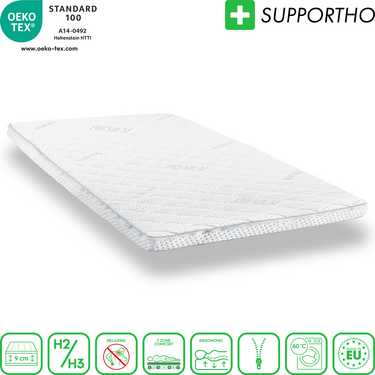 Supportho topper premium de espuma fría 180 x 200 cm H3, altura 9 cm, grado de firmeza H3 con funda antibacteriana