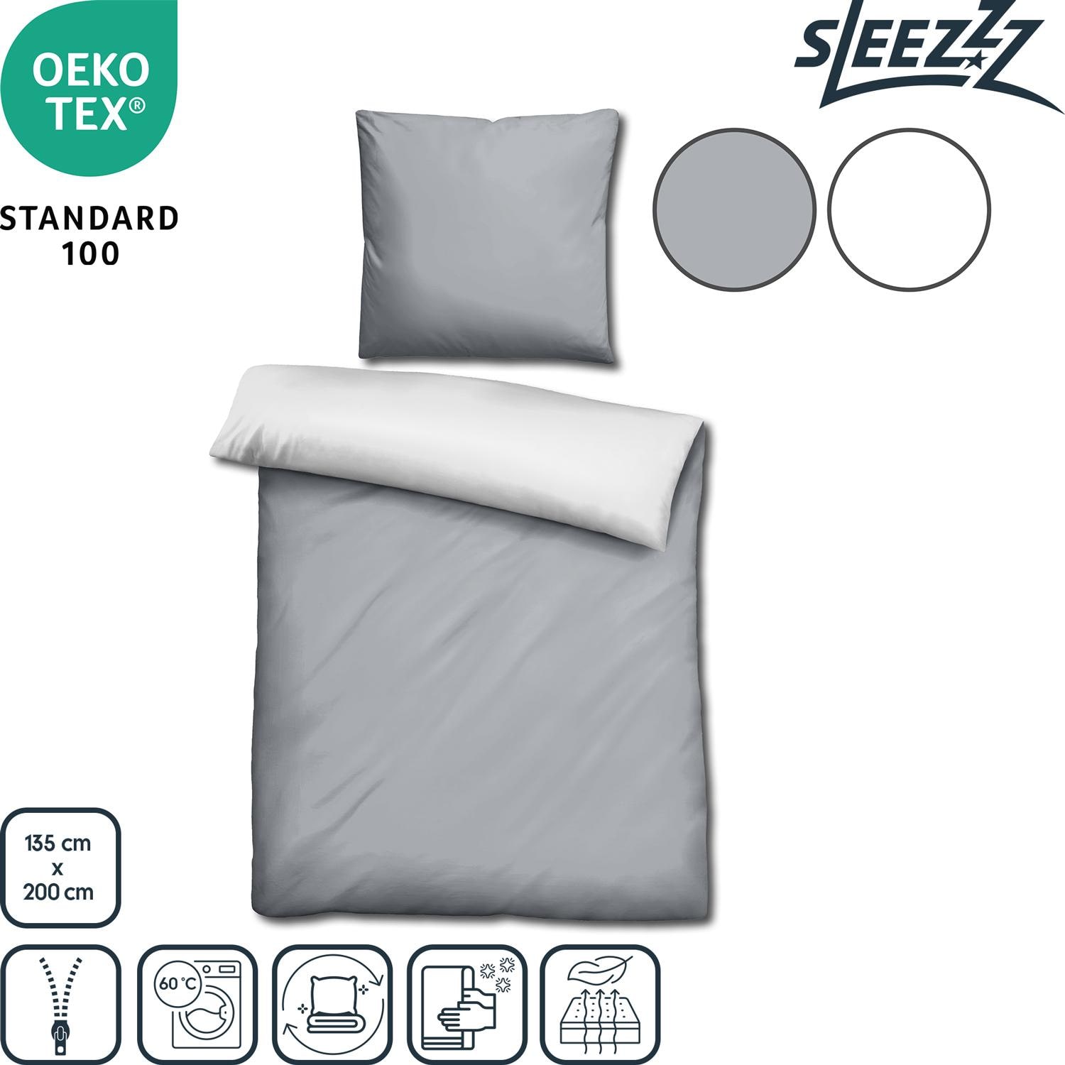 Features as icons – Sleezzz® Renforcé reversible bed linen light gray/white 135 x 200 + 80 x 80 cm