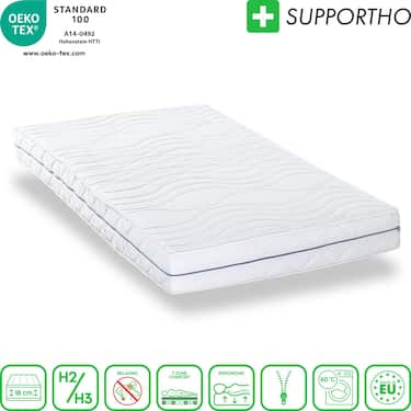 Materasso ergonomico 140x200 cm Supportho Premium a 7 zone, altezza 18 cm, livello di rigidità H2/H3 + set letto CloudComfort Basic in microfibra 135 x 200 cm + 80 x 80 cm