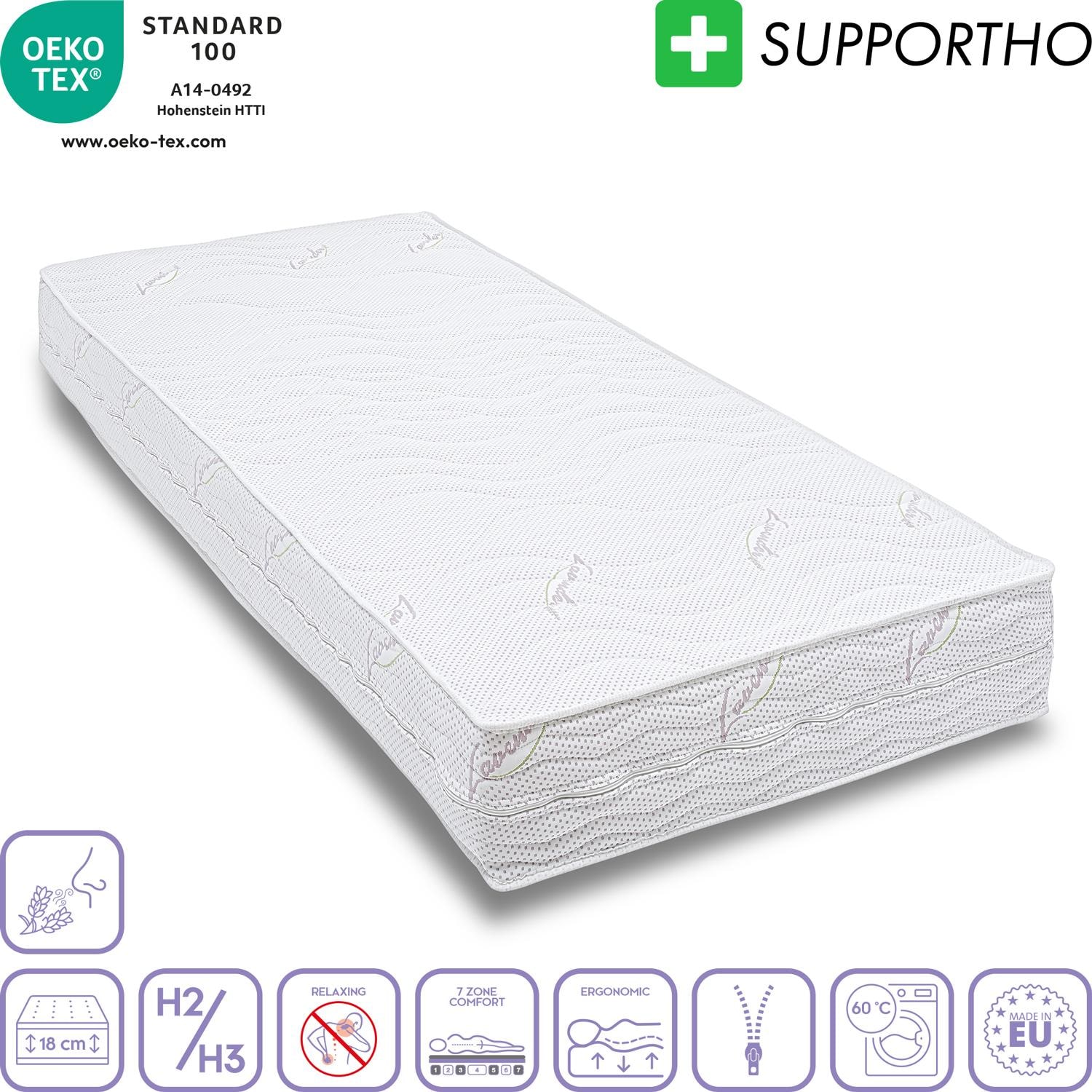 Ergonomic cold foam mattress Supportho Lavender 90 x 200 cm, height 18 cm, firmness level H2/H3 + mattress topper / mattress topper 90 x 200 cm