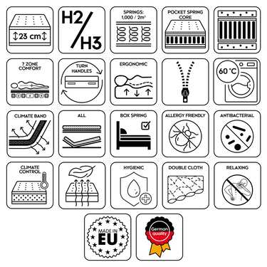 7-зонний ергономічний пружинний матрац Sleezzz Diamond T1000 90 x 200 см, висота 23 см, рівень жорсткості H2/H3, 1000 пружин/2 м² + наматрацник / наматрацник 90 x 200 см