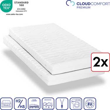 Dobbeltpakke premium 7-soners madrass 90x200 cm CloudComfort, høyde 15 cm, fasthetsnivå H2/H3, sett med to enkeltseng