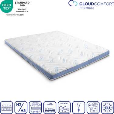 Cold foam topper CloudComfort Cool 160 x 200 cm H2/H3, height 7 cm, firmness level H2/H3, 7-zone topper with summer and winter side + Sleezzz® Cool cooling effect pillow