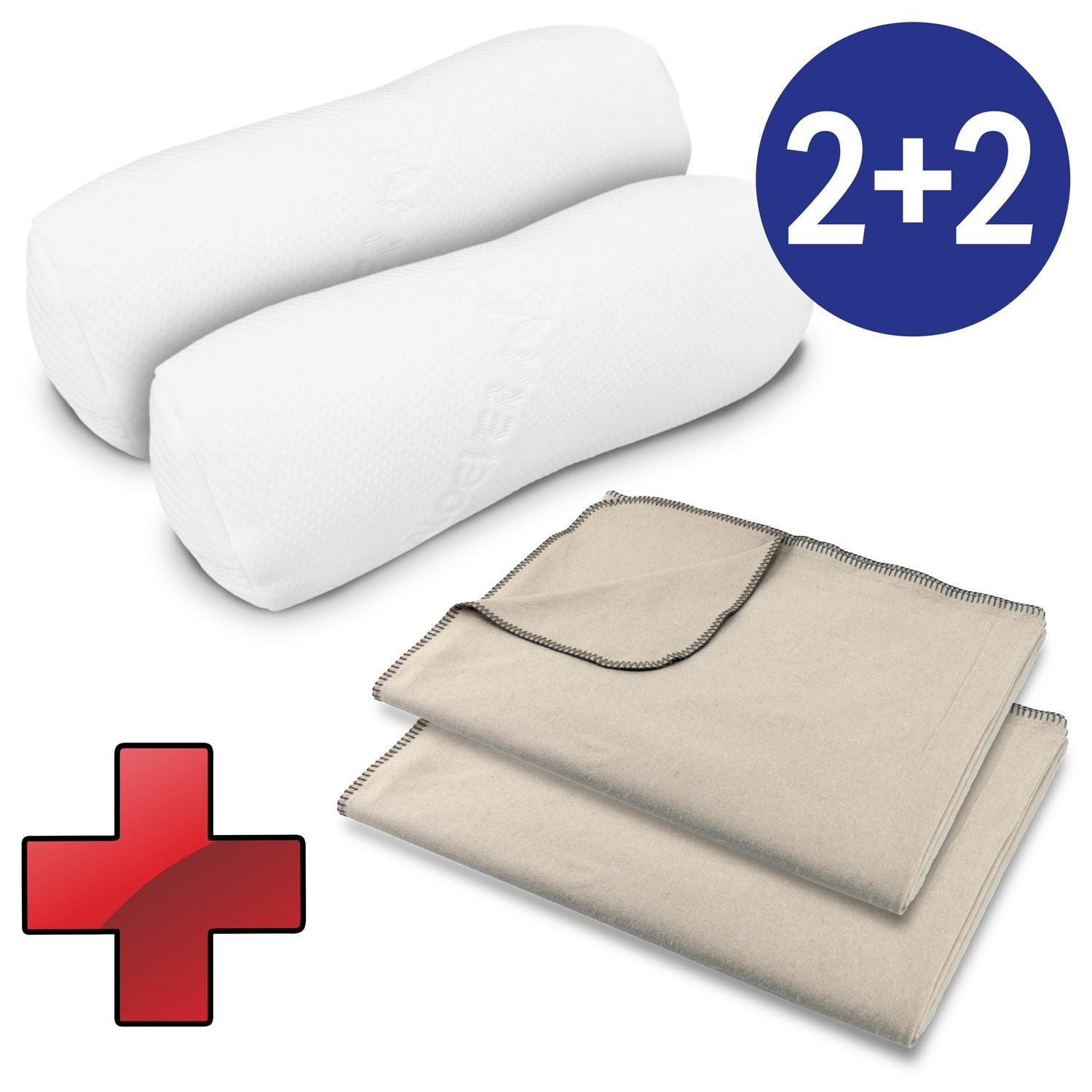Zestaw podróżny: 2 x wiskozowy wałek pod kolana i szyję 40 x 15 cm + 2 x przytulny koc Sleezzz® Smart 150 x 200 cm