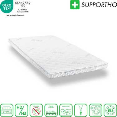 Supportho premium cold foam topper 120 x 200 cm H3, ύψος 9 cm, βαθμός σκληρότητας H3 με αντιβακτηριδιακό κάλυμμα