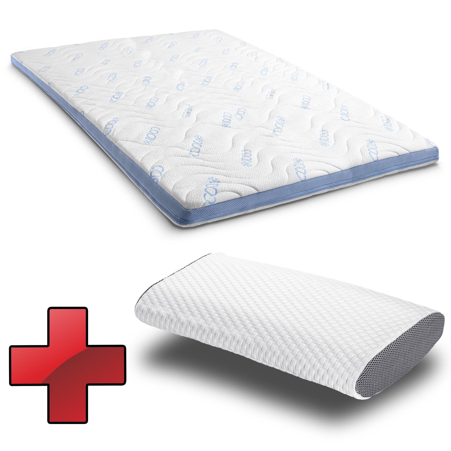 CloudComfort Cool Cold Foam Topper 160 x 200 cm H2/H3, Height 7 cm, Firmness Level H2/H3, 7-zone topper with summer and winter sides + Sleezzz® Cool Gel-Foam Contoured Neck Support Pillow 40 x 60 x 16 cm