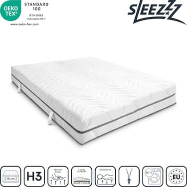 7 Zonen Viskoelastik-Matratze Sleezzz Smart 120 x 200 cm, Höhe 18 cm, Härtegrad H3 mit Air Memoryschaum + Sleezzz Premium orthopädisches Gel-Effekt Nackenstützkissen 32 x 60 cm 