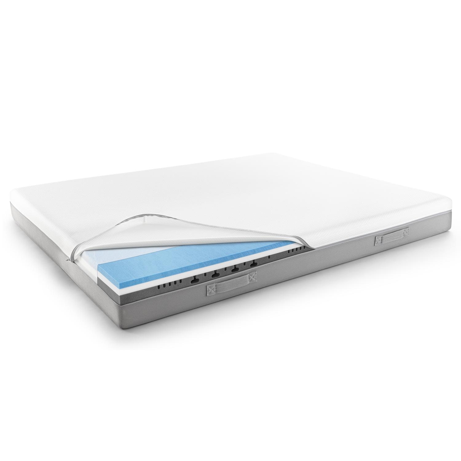 Στρώμα ιξωδοελαστικού τύπου Sleezzz Premium 120 x 200 εκ., ύψος 20 εκ., βαθμός σκληρότητας H2/H3, με λαβές αναστροφής + μαξιλάρι στήριξης αυχένα Sleezzz® Cool Gel-Schaum Kontur 40 x 60 x 16 εκ.
